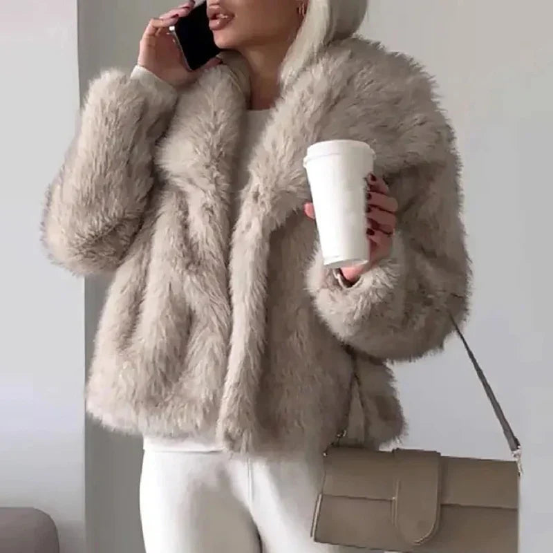 Honorine | Faux Fur Winter Jacket Black White Puffer Style — Light Brown