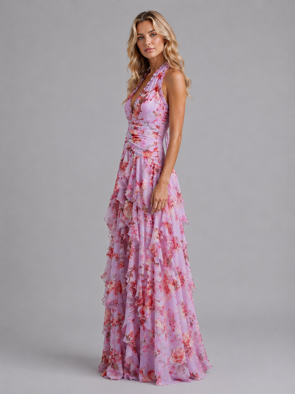 Tamsin | Floral Halter Bridesmaid Dresses Maxi Wedding Guest