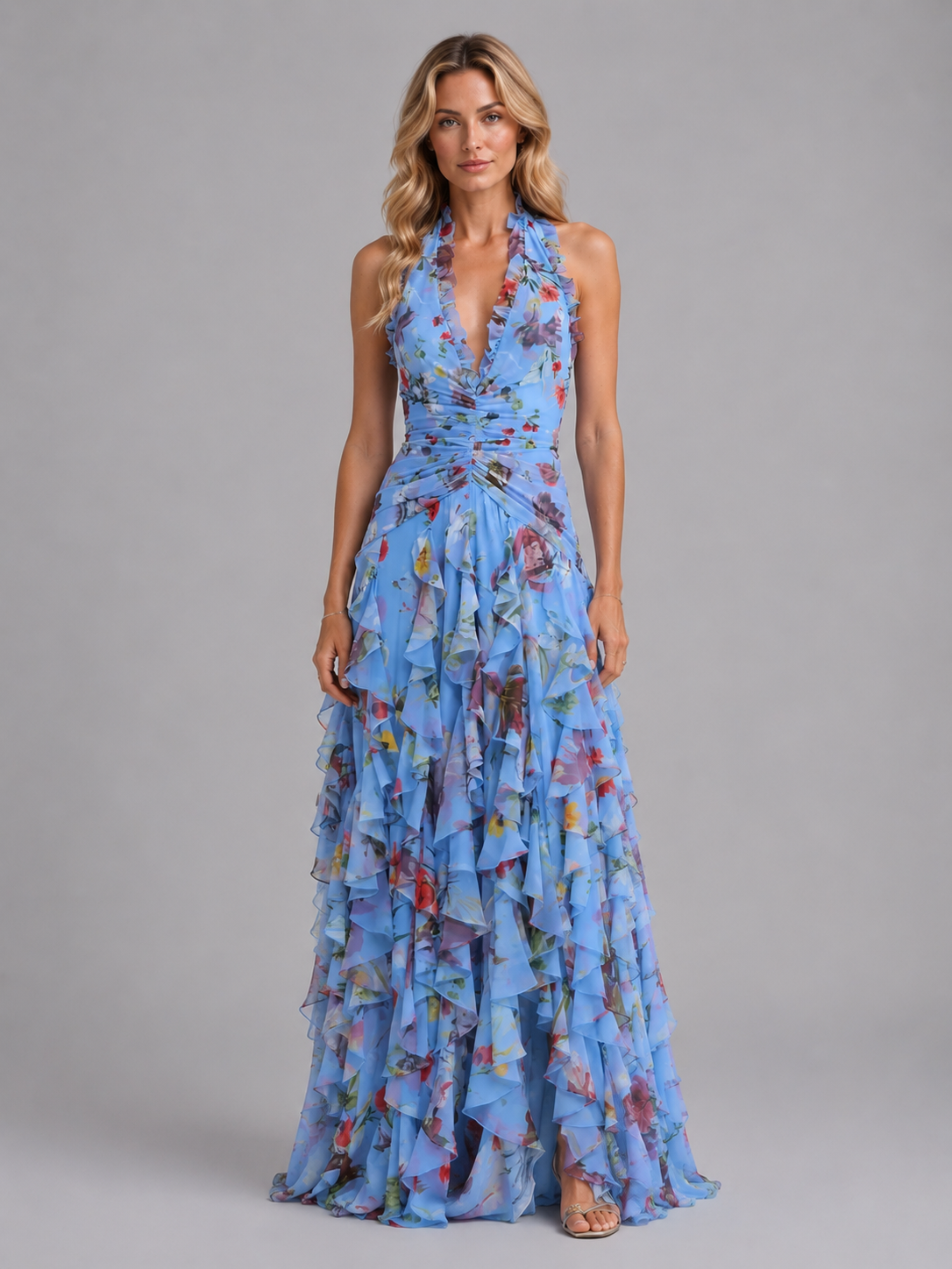 Tamsin | Floral Halter Bridesmaid Dresses Maxi Wedding Guest