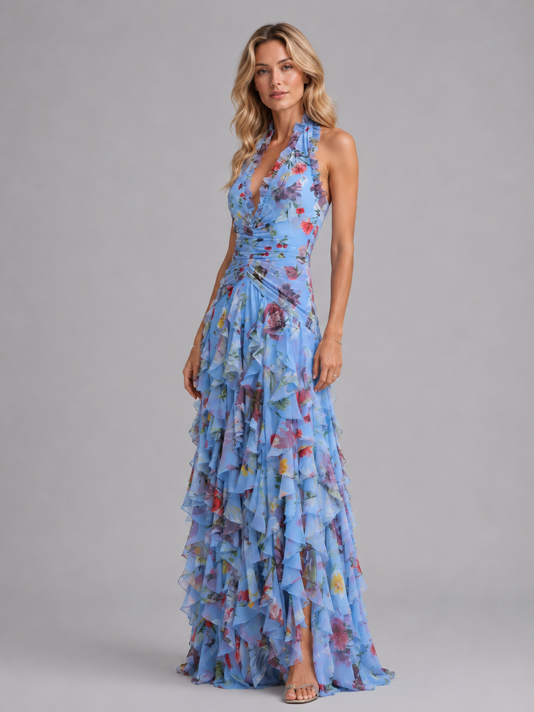 Tamsin | Floral Halter Bridesmaid Dresses Maxi Wedding Guest