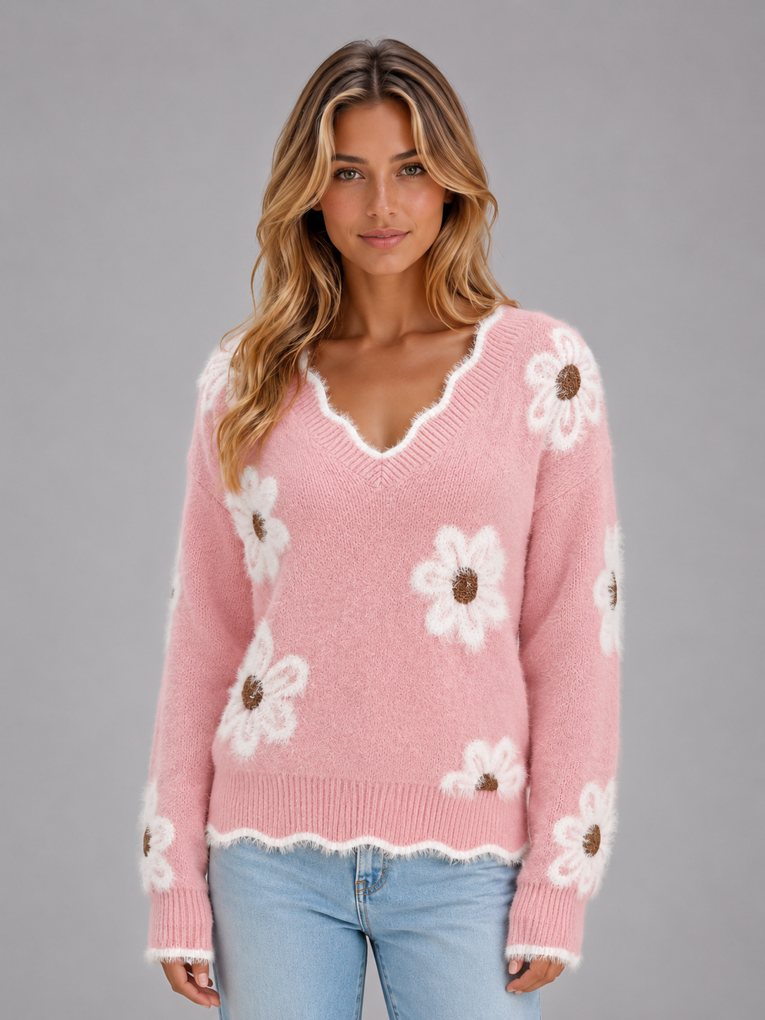 Agathe | Cashmere Wool V Neck Knit Sweater Jumper — Pink