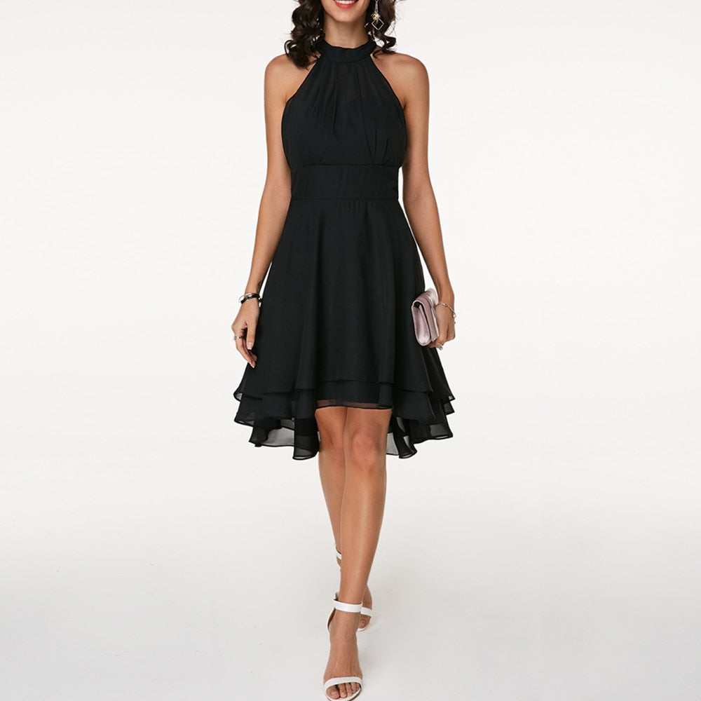Wilhelmina | Black Halter Neck Cocktail Midi Dress