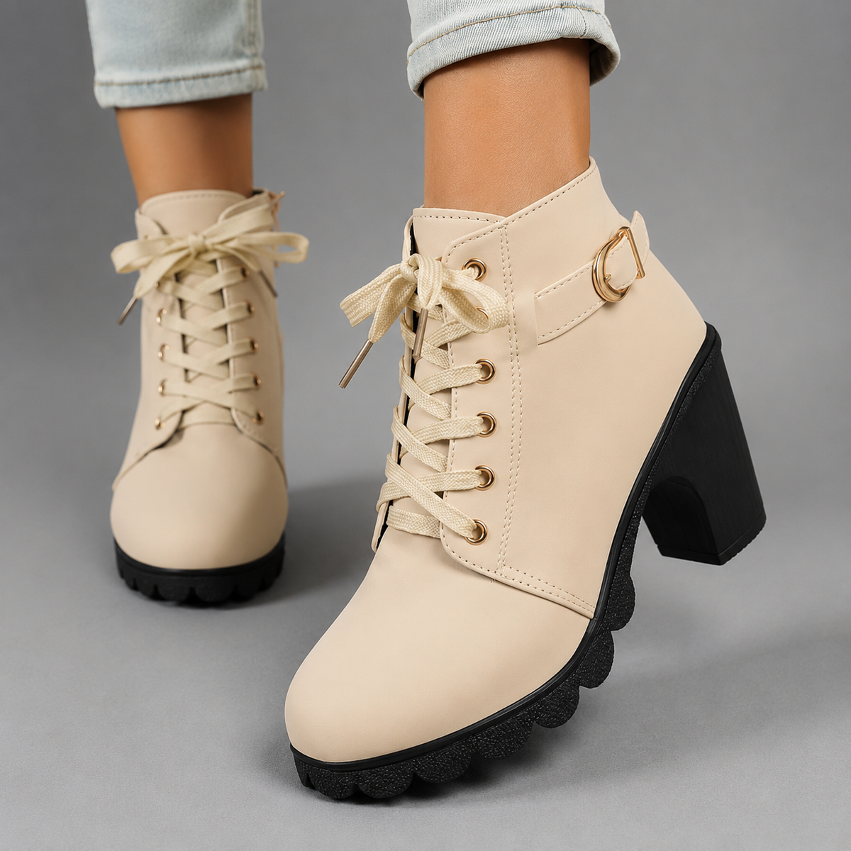 Daphne | Black Chunky Heel Ankle Boots In Leather-Look Flat