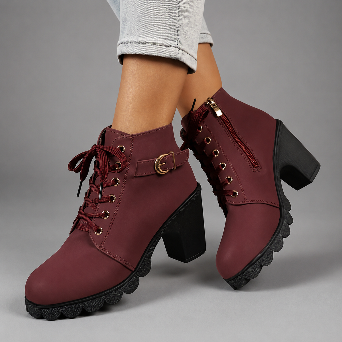 Daphne | Black Chunky Heel Ankle Boots In Leather-Look Flat — Burgundy