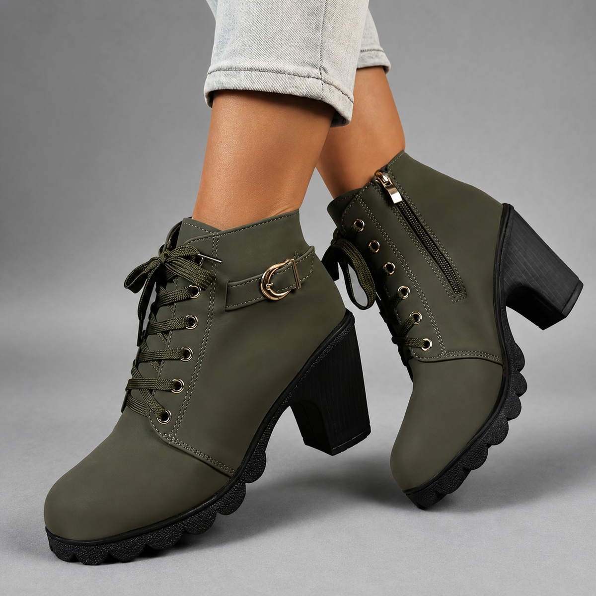 Daphne | Black Chunky Heel Ankle Boots In Leather-Look Flat — Green