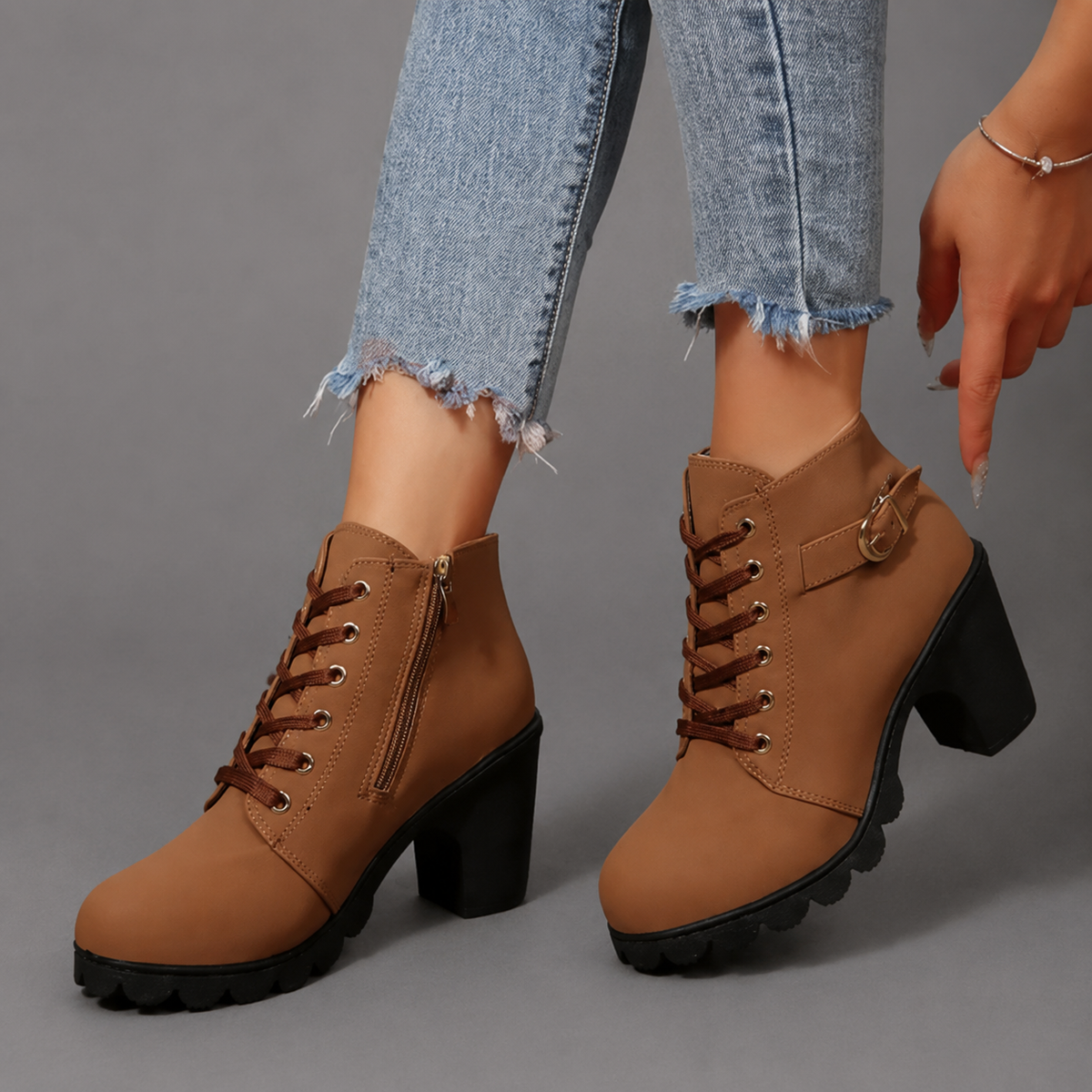 Daphne | Black Chunky Heel Ankle Boots In Leather-Look Flat — Brown