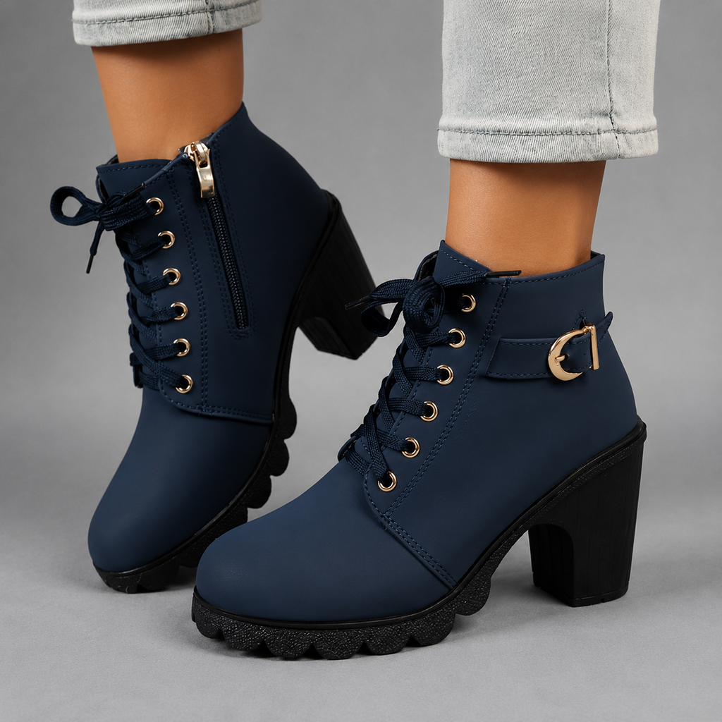 Daphne | Black Chunky Heel Ankle Boots In Leather-Look Flat — Royal Blue
