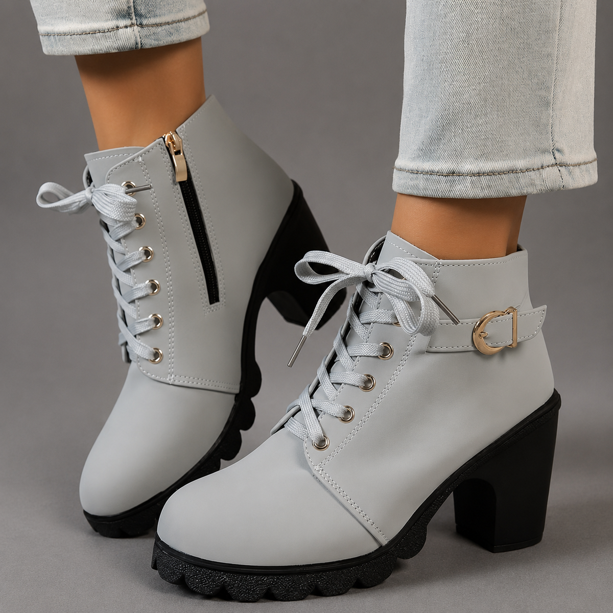 Daphne | Black Chunky Heel Ankle Boots In Leather-Look Flat — Light Grey