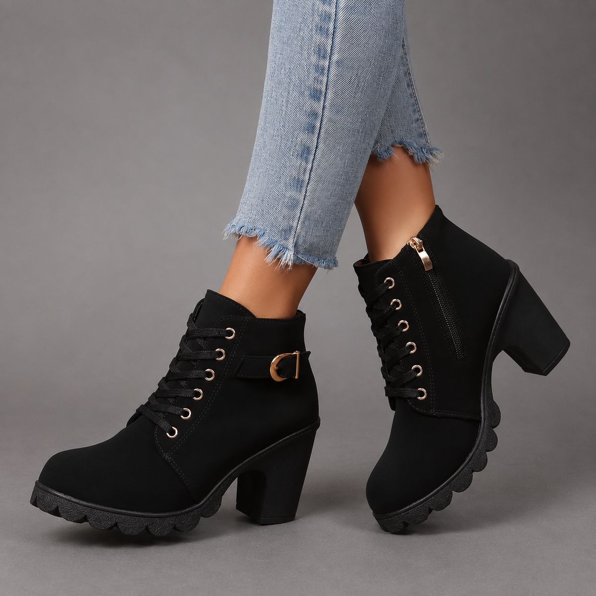 Daphne | Black Chunky Heel Ankle Boots In Leather-Look Flat — Black
