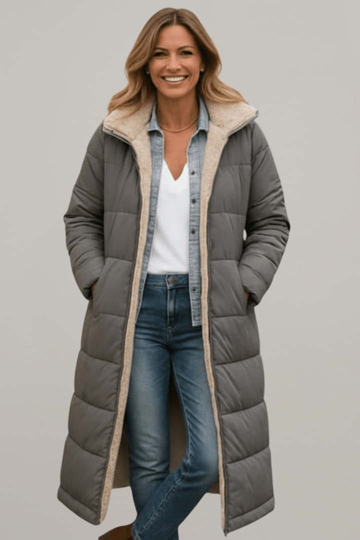 Beatrix | Long Black Quilted Puffer Longline Coat — Grey