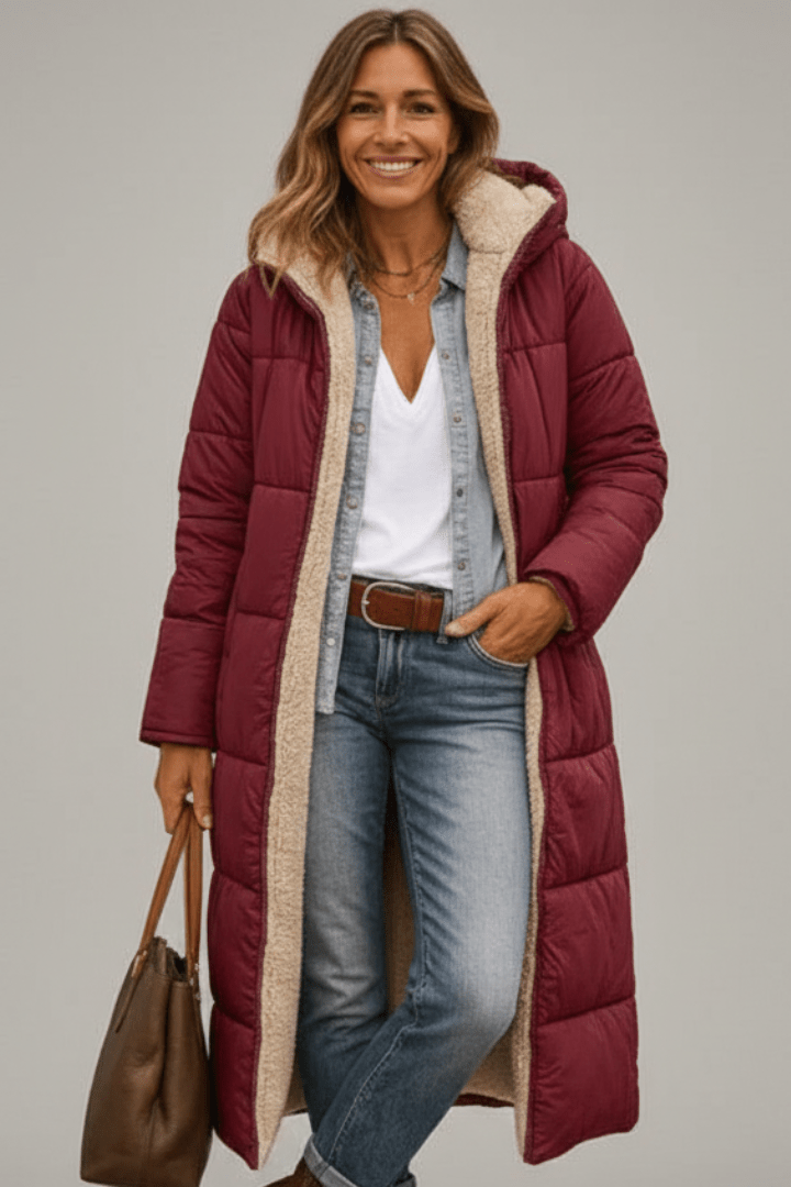 Beatrix | Long Black Quilted Puffer Longline Coat — Burgundy
