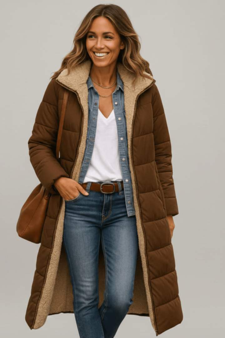 Beatrix | Long Black Quilted Puffer Longline Coat — Brown