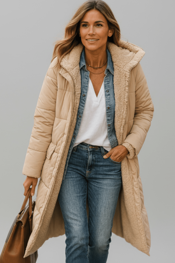Beatrix | Long Black Quilted Puffer Longline Coat — Beige