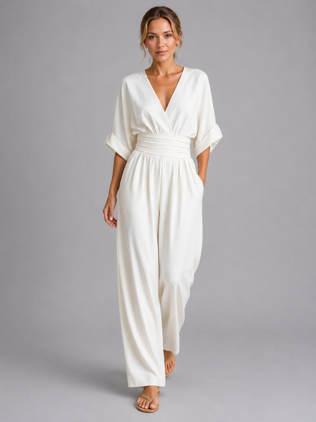Elodie | Womens Wide Leg Romper Pants Jumpsuit V Neck