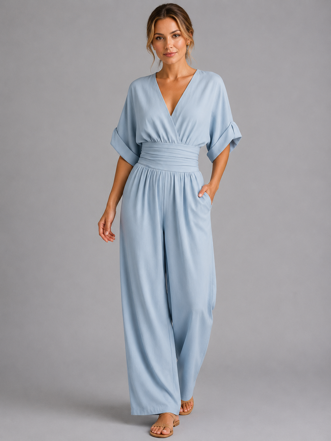 Elodie | Womens Wide Leg Romper Pants Jumpsuit V Neck