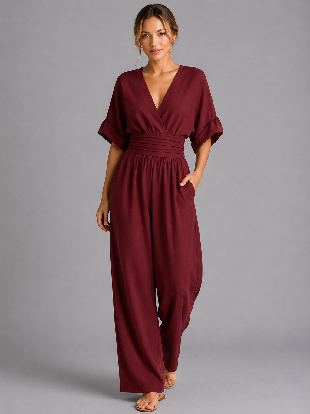 Elodie | Womens Wide Leg Romper Pants Jumpsuit V Neck