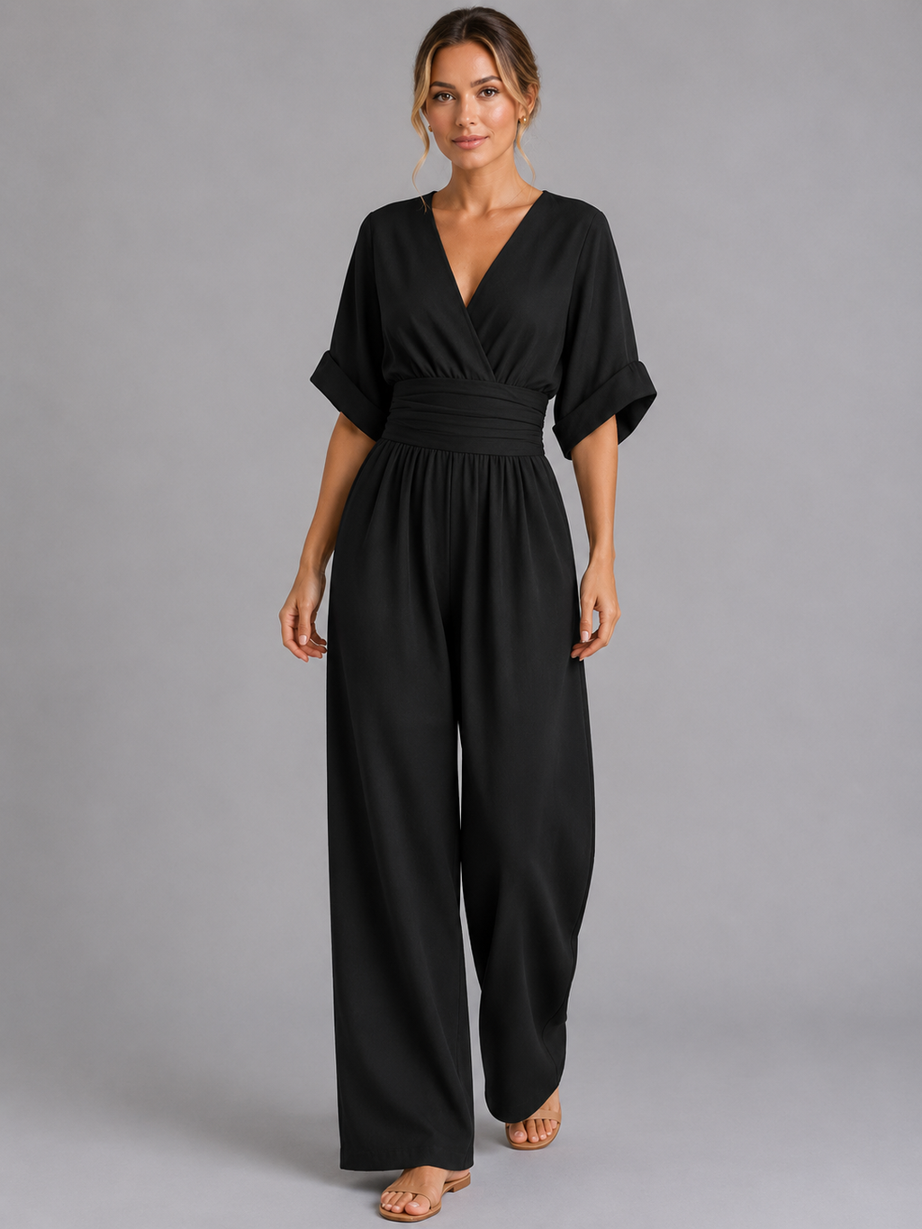 Elodie | Womens Wide Leg Romper Pants Jumpsuit V Neck