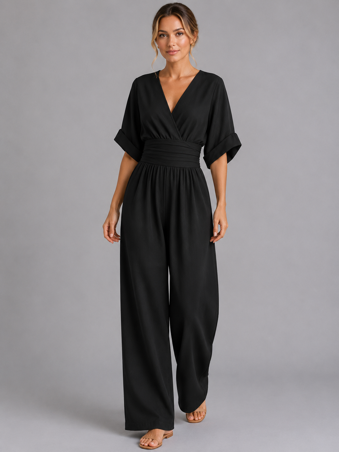Elodie | Womens Wide Leg Romper Pants Jumpsuit V Neck