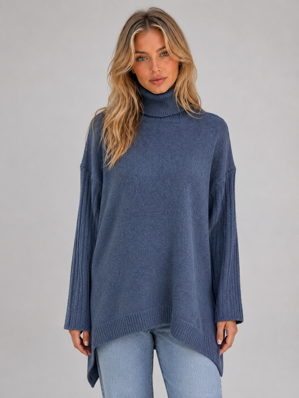 Xanthe | White Oversized Roll Neck Jumper Sweater Longline — Blue