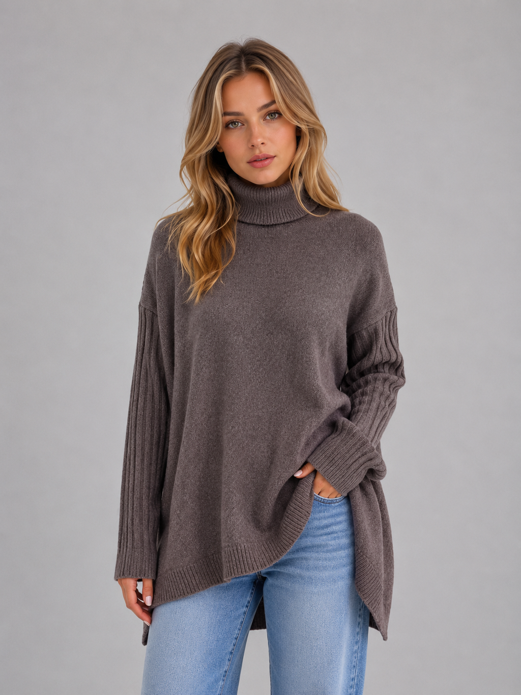 Xanthe | White Oversized Roll Neck Jumper Sweater Longline — Brown