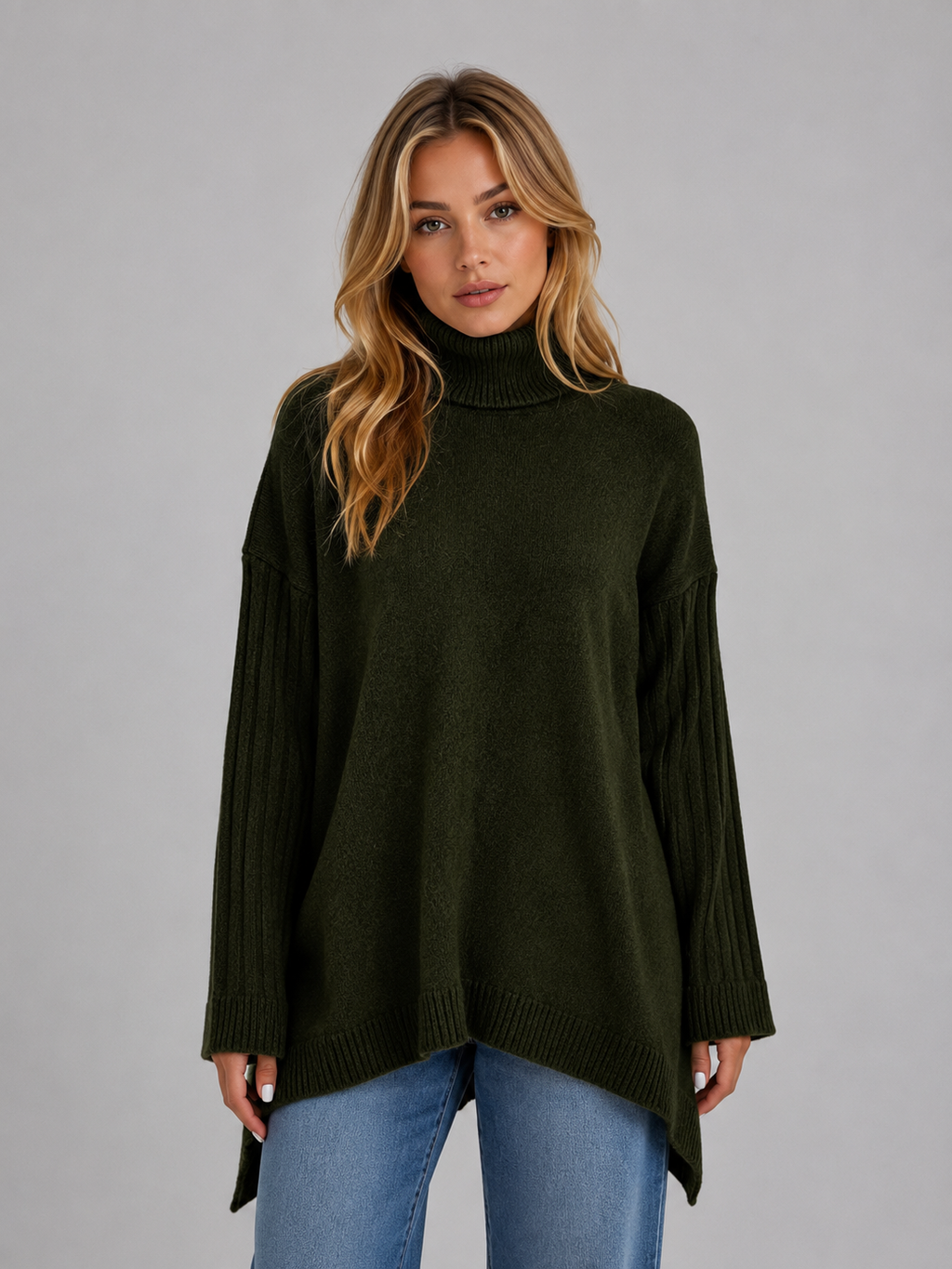Xanthe | White Oversized Roll Neck Jumper Sweater Longline — Green