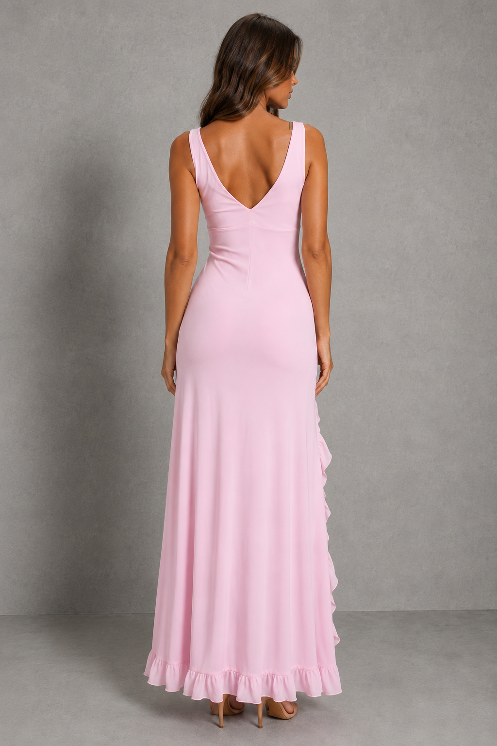 Theodora | Ruffle Split Evening Maxi Dresses With Open Back