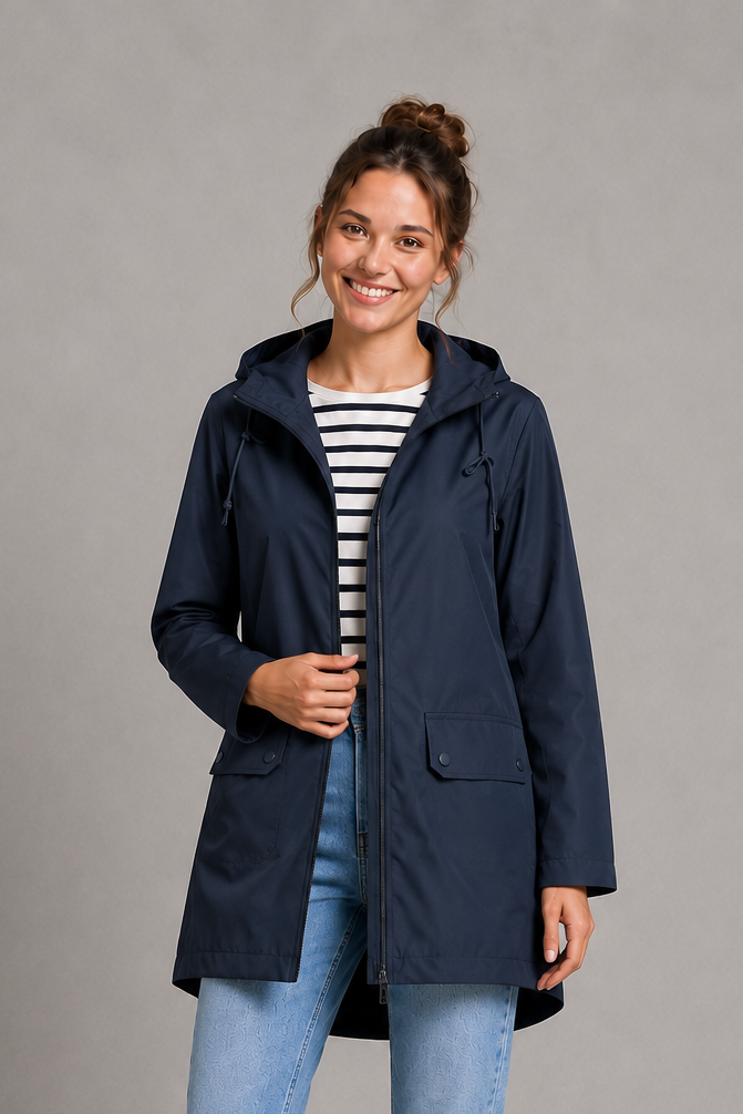 Rosaline | Waterproof Long Hooded Rain Coat for Winter — Dark Blue