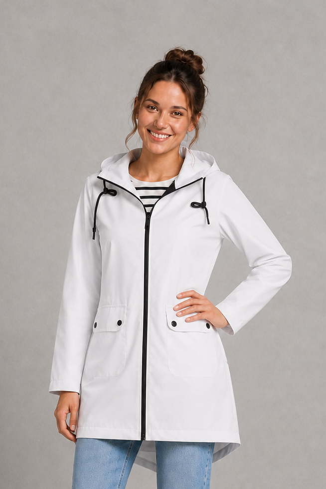 Rosaline | Waterproof Long Hooded Rain Coat for Winter — White