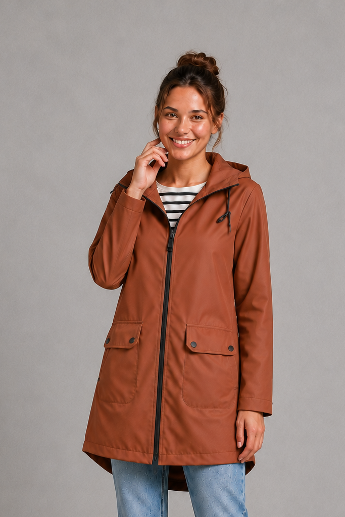 Rosaline | Waterproof Long Hooded Rain Coat for Winter — Brown