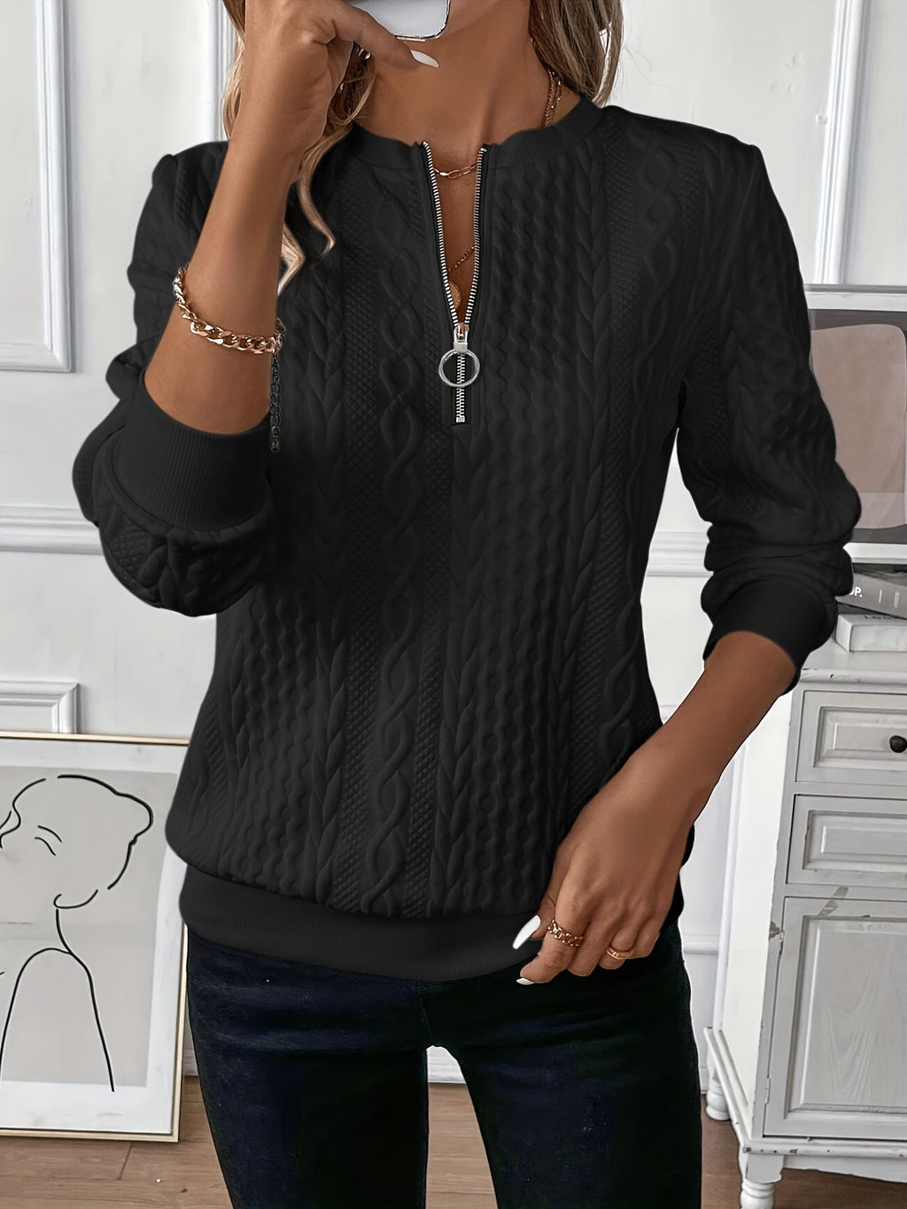 Hermione | Cable Knit Half Zip Chunky Knitted Sweater — Black