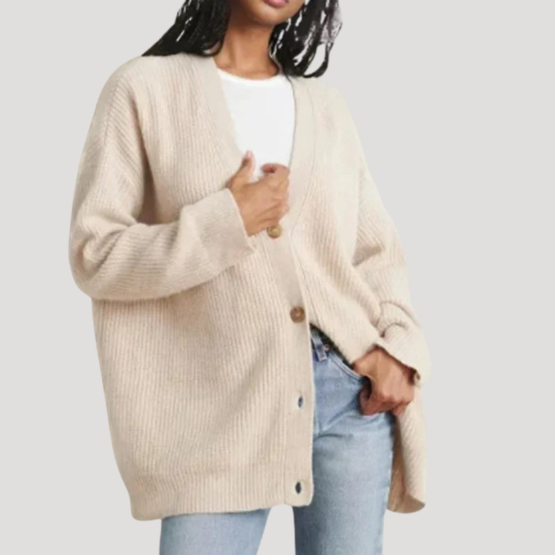 Bryony | Cream Cable Knit V Neck Oversized Cashmere Sweater Cardigan — Beige