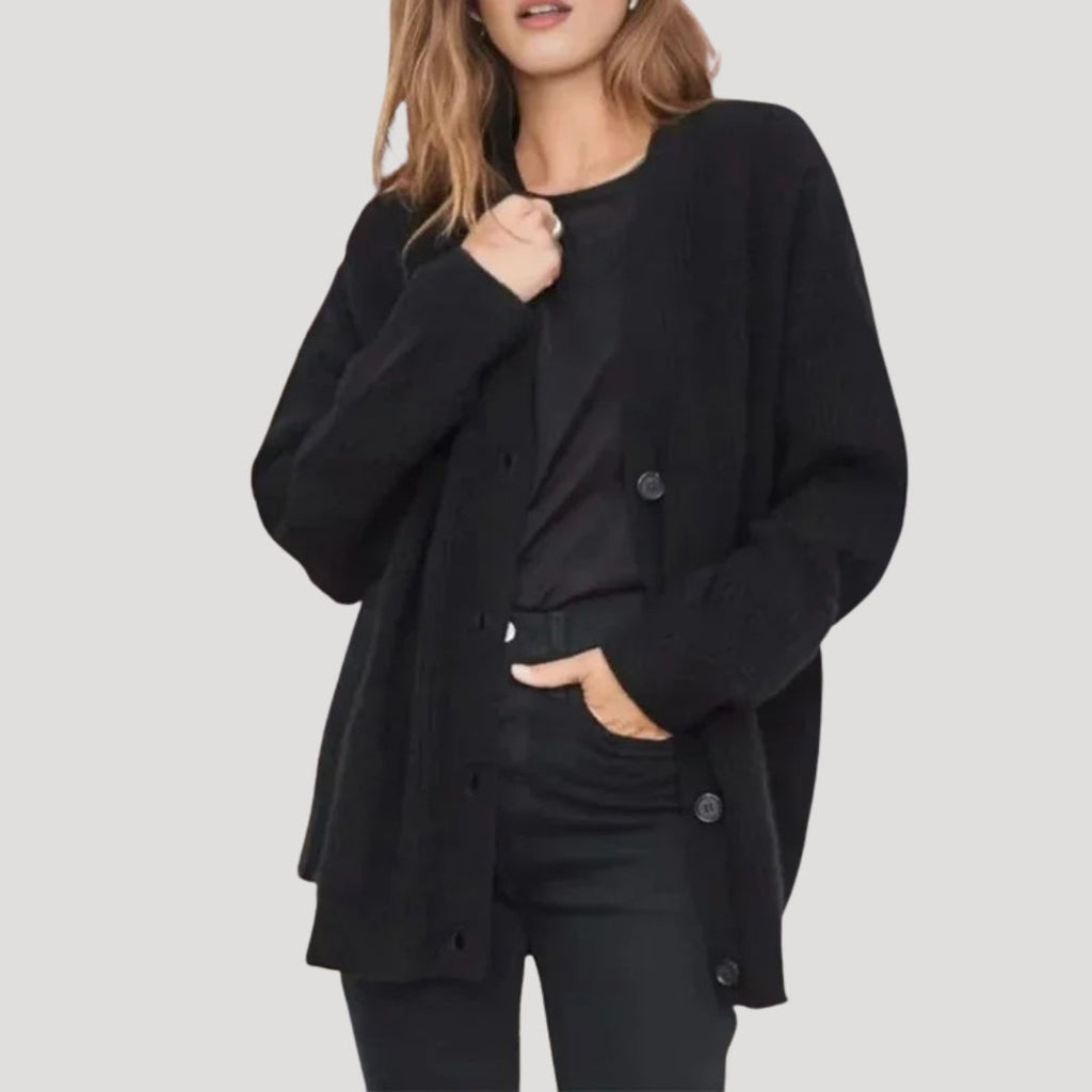 Bryony | Cream Cable Knit V Neck Oversized Cashmere Sweater Cardigan — Black
