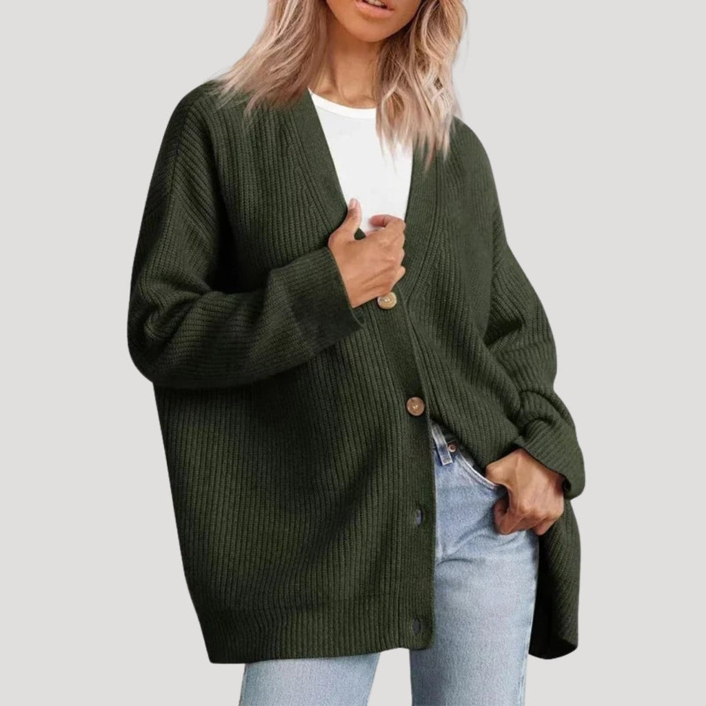 Bryony | Cream Cable Knit V Neck Oversized Cashmere Sweater Cardigan — Green