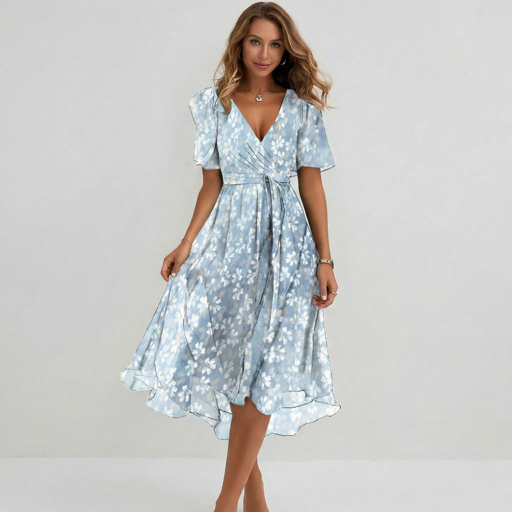 Elodie | Floral Wrap Tiered Midi Wedding Guest Dresses