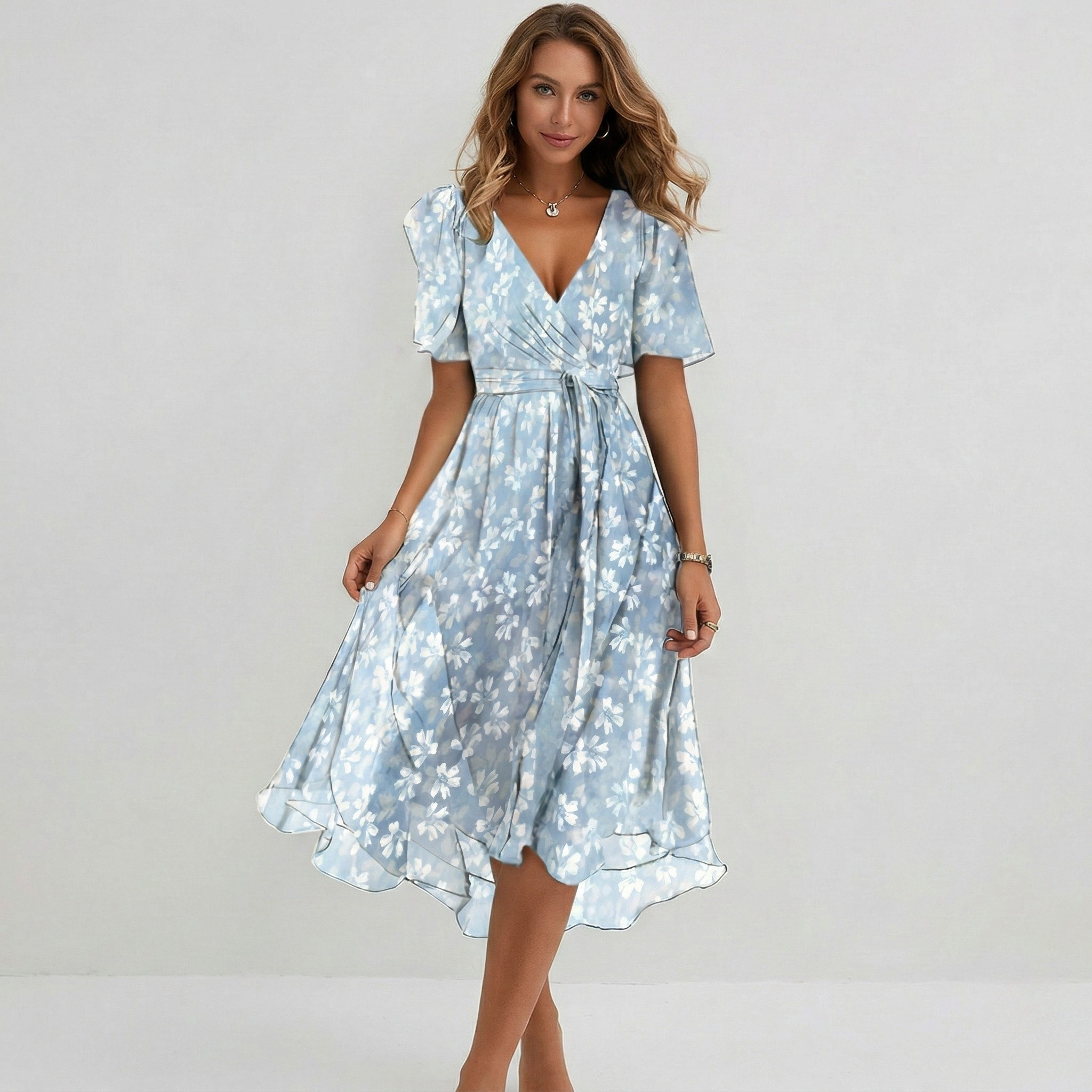Elodie | Floral Wrap Tiered Midi Wedding Guest Dresses