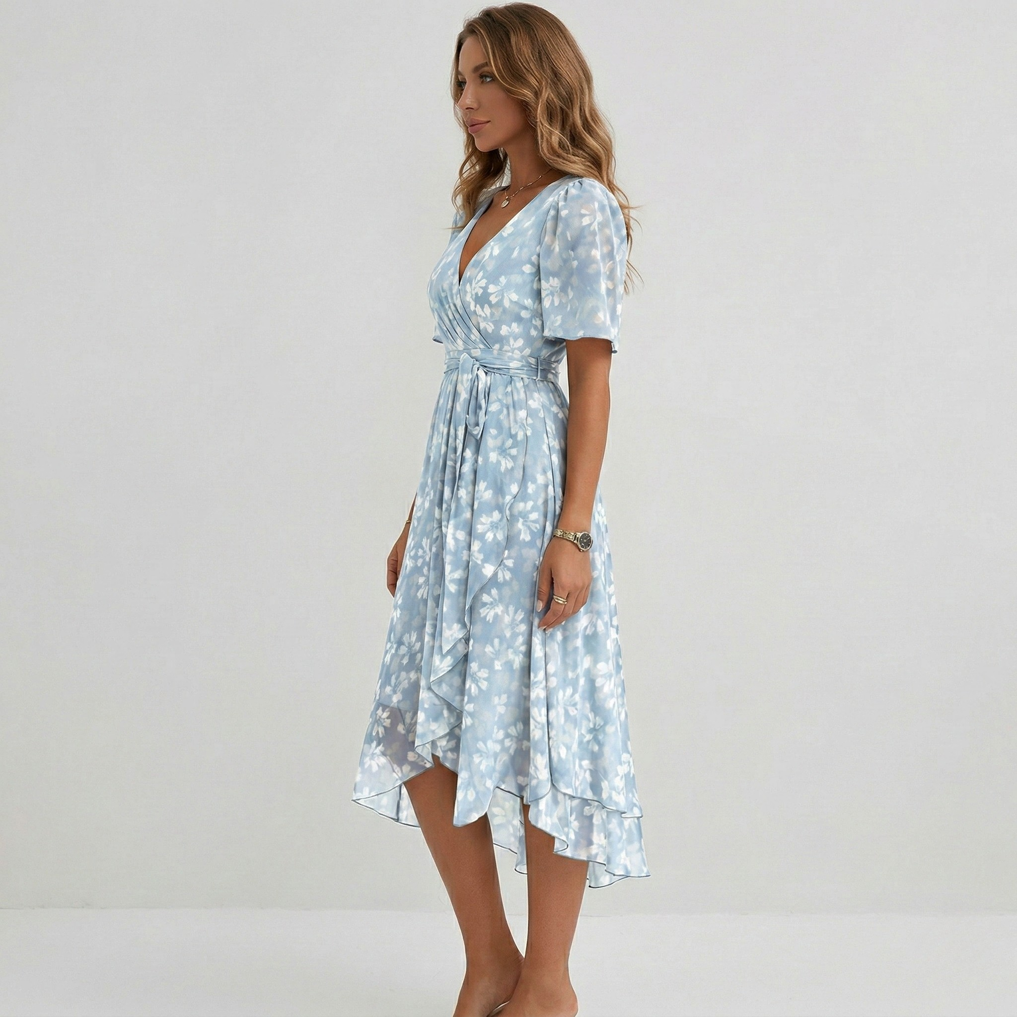 Elodie | Floral Wrap Tiered Midi Wedding Guest Dresses