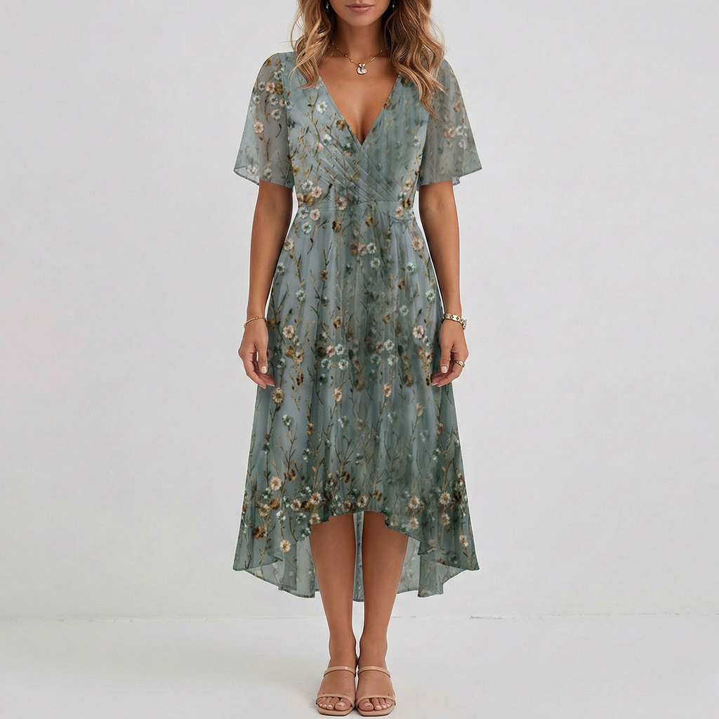 Elodie | Floral Wrap Tiered Midi Wedding Guest Dresses