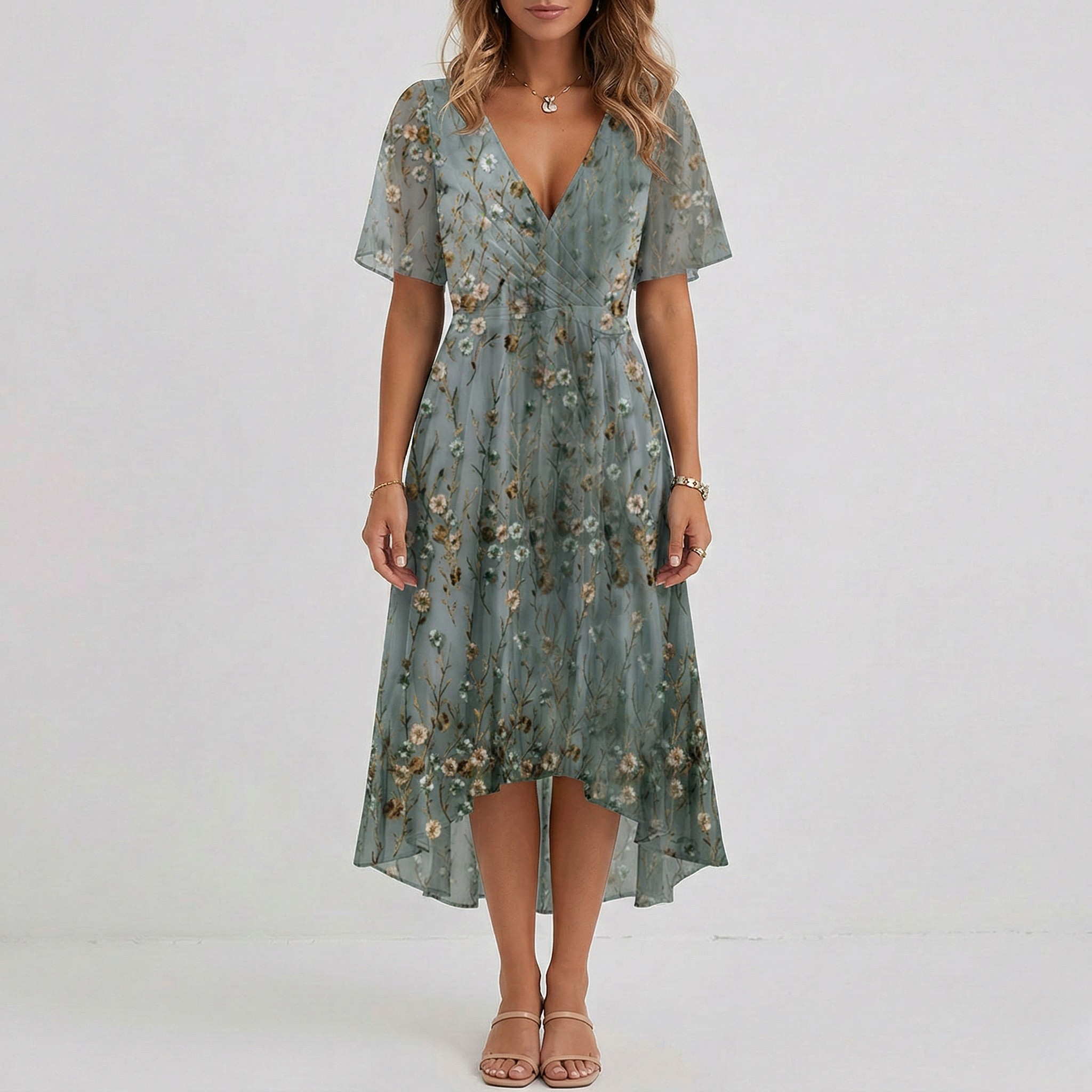 Elodie | Floral Wrap Tiered Midi Wedding Guest Dresses