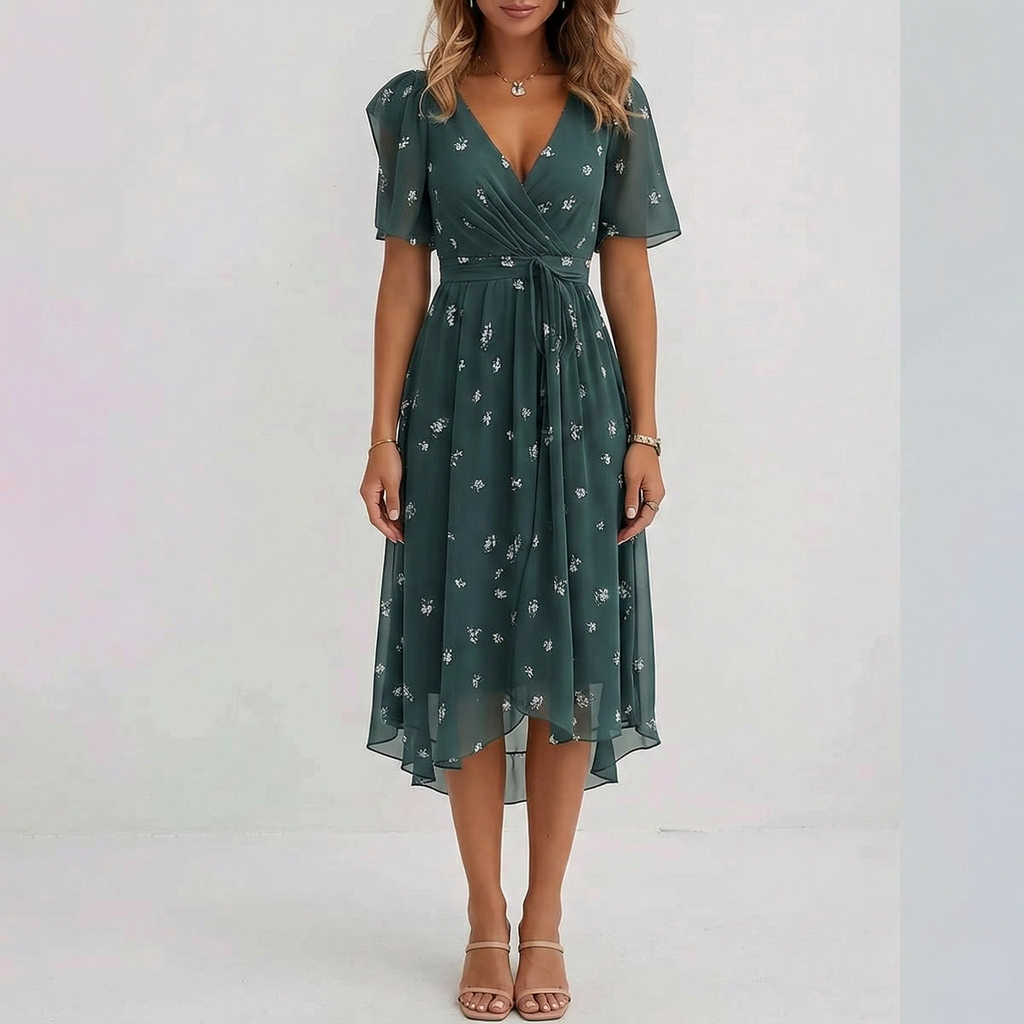 Elodie | Floral Wrap Tiered Midi Wedding Guest Dresses