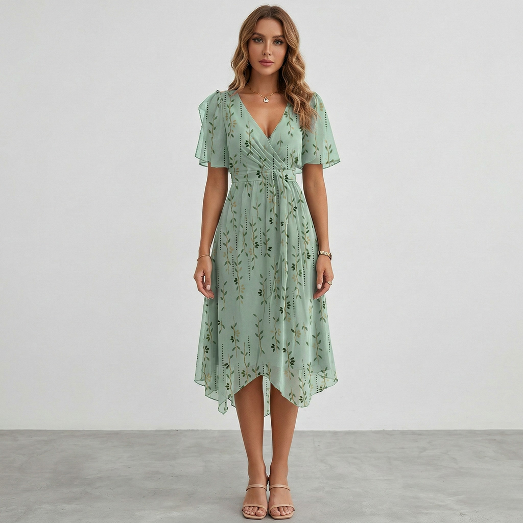 Elodie | Floral Wrap Tiered Midi Wedding Guest Dresses