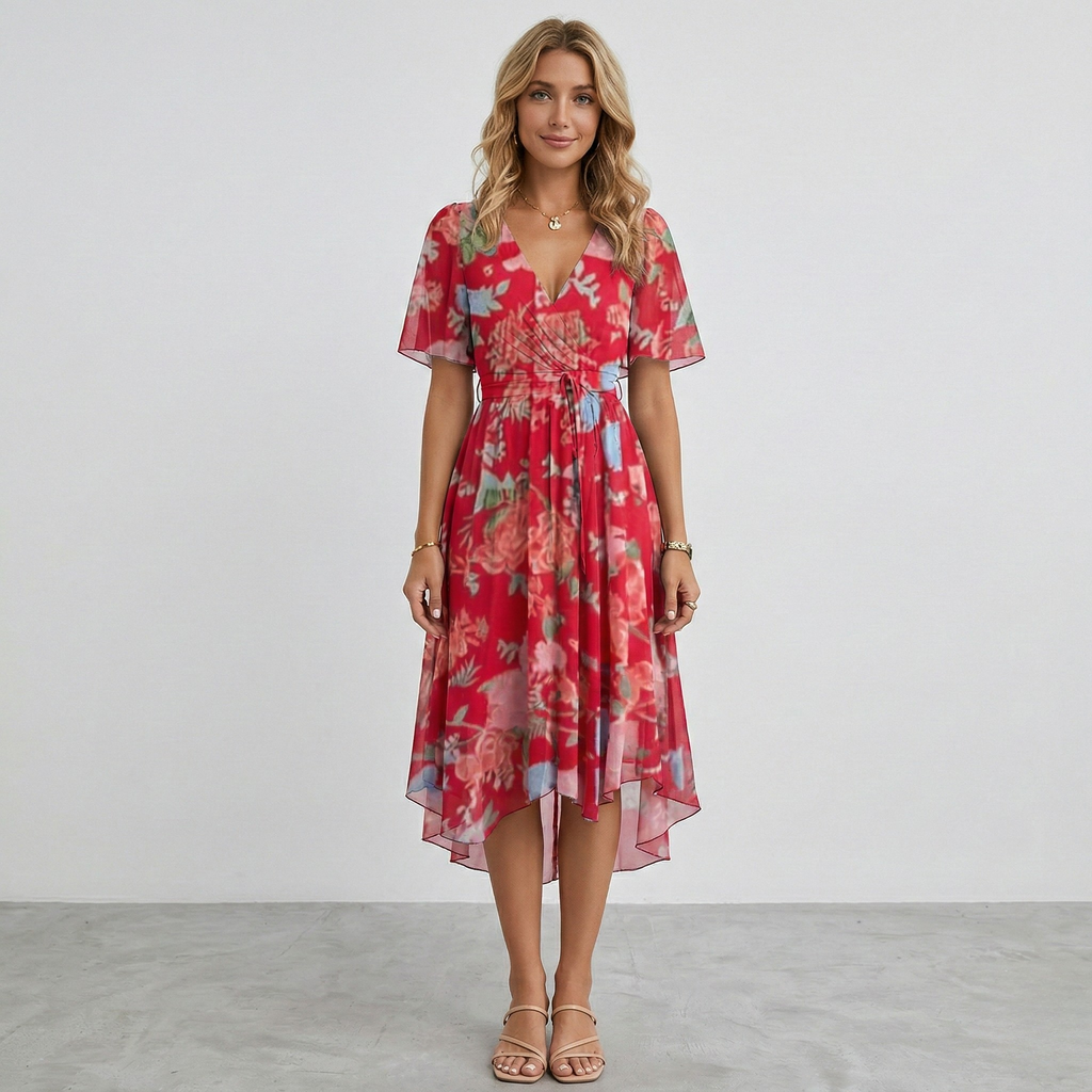 Elodie | Floral Wrap Tiered Midi Wedding Guest Dresses