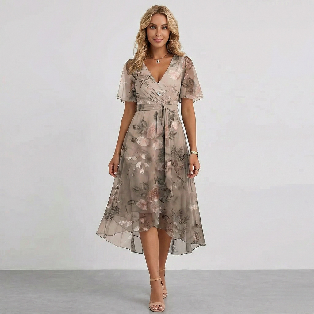 Elodie | Floral Wrap Tiered Midi Wedding Guest Dresses