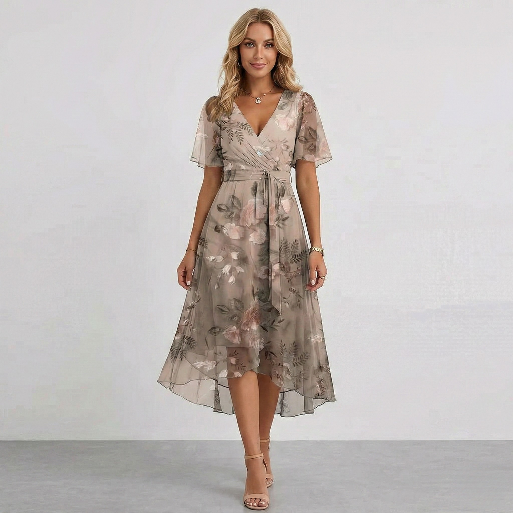 Elodie | Floral Wrap Tiered Midi Wedding Guest Dresses