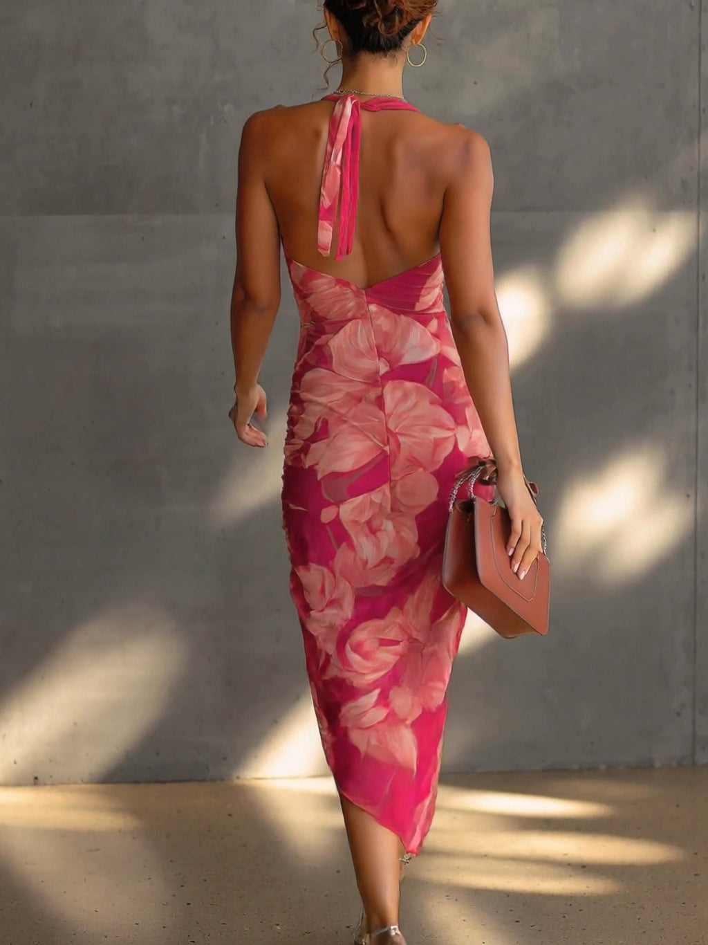 Rosalind | Cowl Neck Floral Pleated Midi Dress Fuchsia
