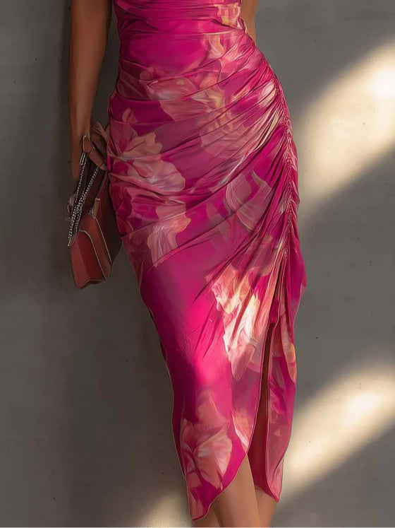 Rosalind | Cowl Neck Floral Pleated Midi Dress Fuchsia