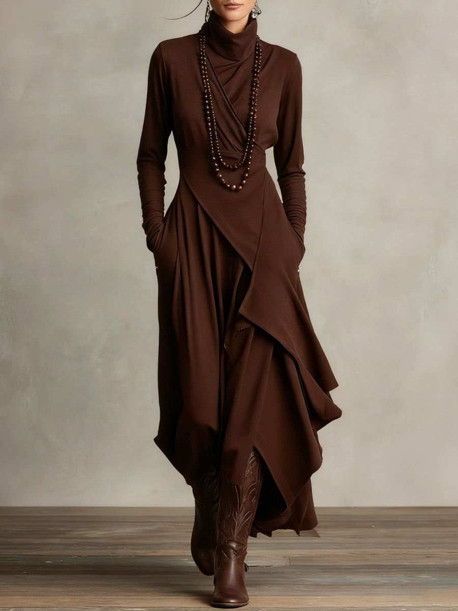 Adeline | Asymmetric Drape Turtleneck Maxi Dress For Evening