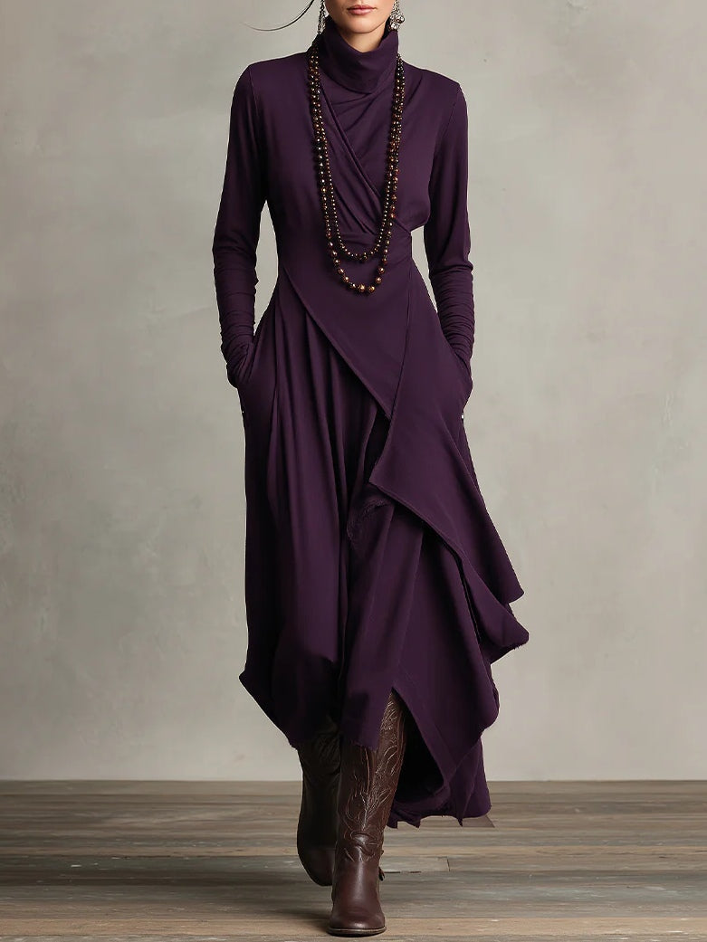 Adeline | Asymmetric Drape Turtleneck Maxi Dress For Evening