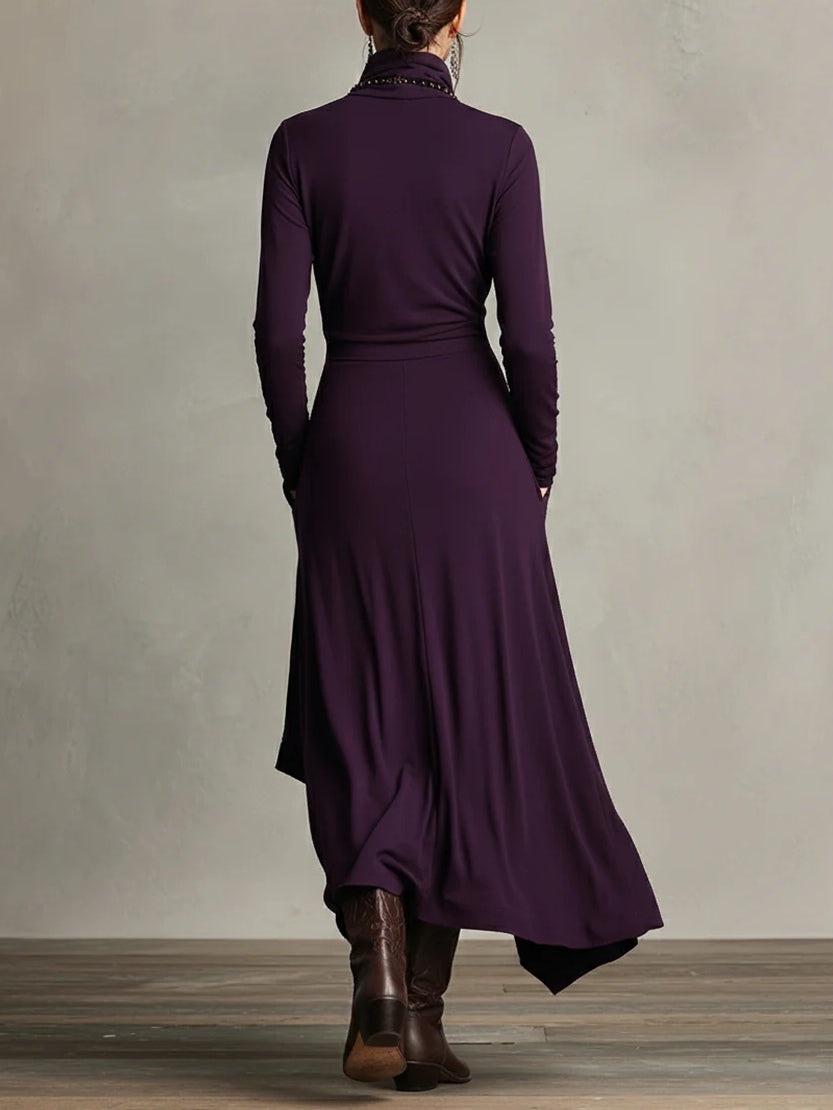 Adeline | Asymmetric Drape Turtleneck Maxi Dress For Evening