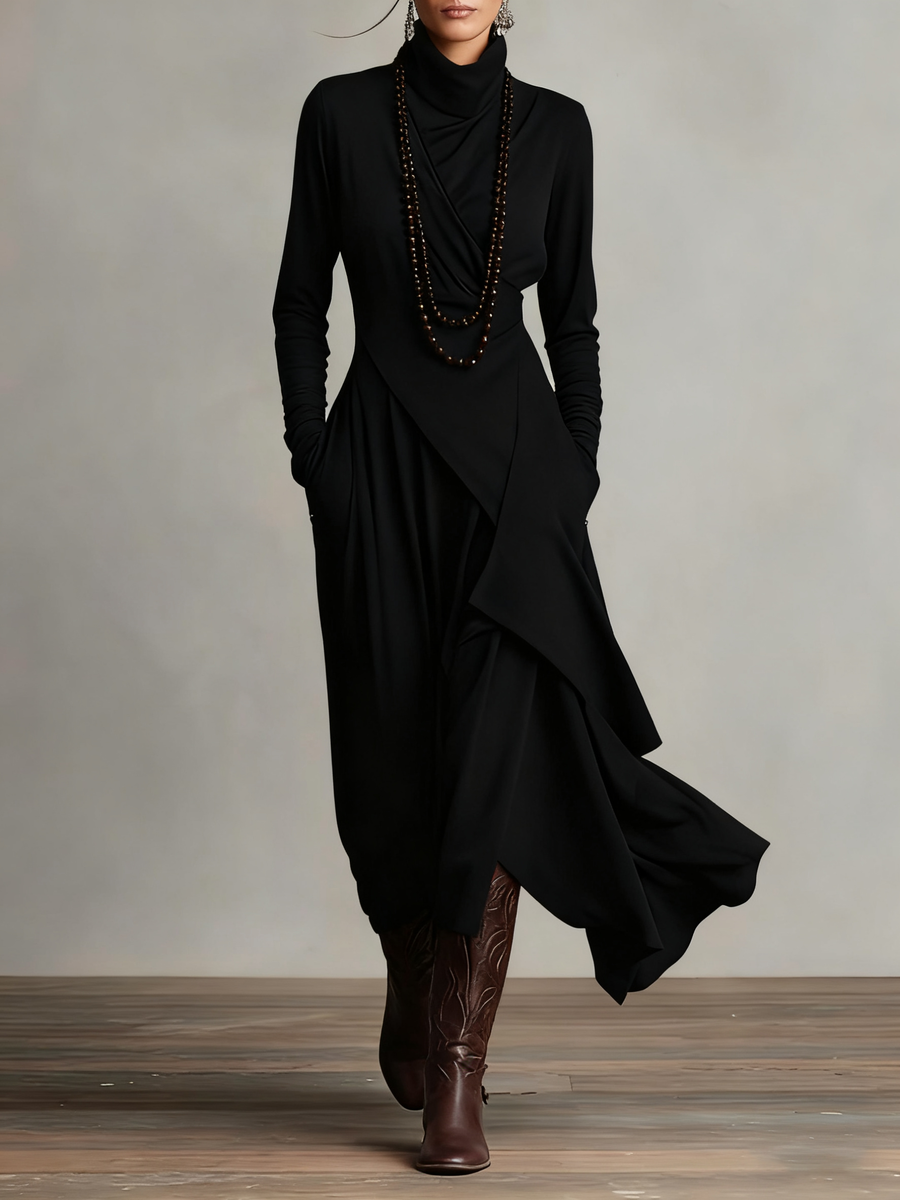 Adeline | Asymmetric Drape Turtleneck Maxi Dress For Evening