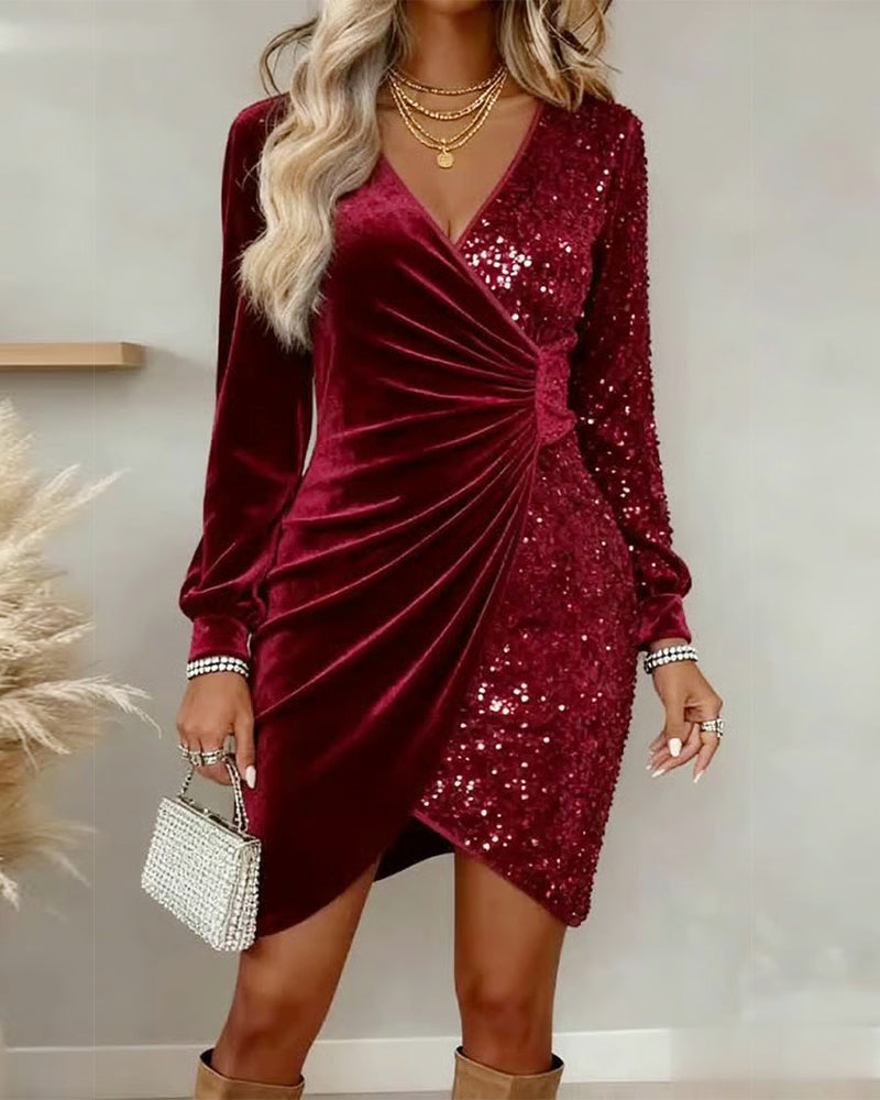 Fenella | Long Sleeve Velvet Sequin Mini Dress Green Silver White — Red